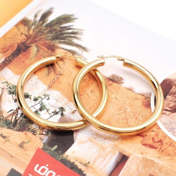 NEW 18K Yellow Gold Round 2'' Tube Hoop Earrings - Picture 3 of 9